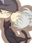  animal aquariumtama bell bell_collar black_cat cat closed_eyes collar darker_than_black hands_on_own_chest highres lying mao_(darker_than_black) on_back on_side shadow silver_hair sleeping solo yin 