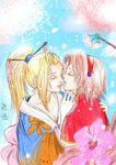  blonde_hair flower haruno_sakura headband kiss naruto pink_hair ponytail yamanaka_ino yuri 