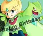  belt blonde_hair emerald_(pokemon) english gem gen_3_pokemon green_eyes happy_birthday jewelry long_sleeves male_focus mokorei pokemon pokemon_(creature) pokemon_special sceptile tongue 