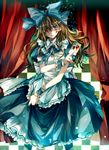  alice_(wonderland) alice_in_wonderland blood blue_dress bow card checkered colored_eyelashes curtains dress eyelashes frills gathers hair_bow heterochromia highres holding holding_card light_particles red_eyes solo tsukioka_tsukiho wrist_cuffs yellow_eyes 