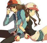  1girl bad_id bad_pixiv_id baseball_cap brown_hair denim hat holding holding_poke_ball locked_arms long_hair poke_ball pokemon pokemon_(game) pokemon_bw ponytail shorts smile ssscheme touko_(pokemon) touya_(pokemon) vest wristband 