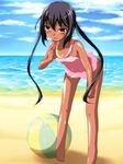  adjusting_clothes adjusting_swimsuit bad_feet ball beach beachball black_hair blush brown_eyes casual_one-piece_swimsuit day frilled_swimsuit frills k-on! leaning_forward long_hair na!_(na'mr) nakano_azusa ocean one-piece_swimsuit solo swimsuit tan tanline tiptoes twintails 