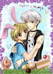  2boys animal_ears autumn_sacura blonde_hair boy_cow brown_eyes bunny_ears bunnyboy cake cherry choker cow flower food fruit fruits_basket multicolored_hair necklace orange sohma_hatsuharu sohma_momiji vest yaoi 