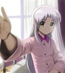  angel_beats! bangs blush curtains foreshortening hands indoors john_joseco long_hair looking_at_viewer pajamas parted_bangs pov silver_hair solo tenshi_(angel_beats!) window yellow_eyes 