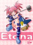  &gt;_&lt; artist_request bat_wings bird blue_footwear blue_legwear blush boots character_name choker closed_eyes creature dated demon_tail disgaea earrings etna jewelry knee_boots makai_senki_disgaea no_panties penguin pink_background pointy_ears prinny pussy red_eyes red_hair short_hair signature smile spiked_hair tail thighhighs twintails weapon wings 
