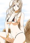  aa_megami-sama belldandy bikini blue_eyes bracelet breasts brown_hair earrings facial_mark forehead_mark highres jewelry joy_division large_breasts long_hair micro_bikini nipple_slip nipples smile solo swimsuit 