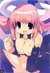  bell blush bottomless breast_squeeze breasts demon_girl detached_sleeves disgaea fang heart horns large_breasts nipples pink_eyes pink_hair pussy short_hair solo succubus succubus_(disgaea) tattoo uncensored zankuro 