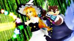  2018 3d_(artwork) anthro beam belly blonde_hair canine clothing crossover digital_media_(artwork) dog dress duo hair hat holding_object holding_weapon human laser long_hair magic male malicekira mammal marisa_kirisame melee_weapon moritaka open_mouth overweight slightly_chubby smile standing sword tokyo_afterschool_summoners touhou video_games weapon witch_hat yellow_eyes 
