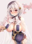  1girl azur_lane bangs blush braid breast_curtains breasts cherry_blossoms china_dress chinese_clothes closed_mouth covered_navel covered_nipples dress eyebrows_visible_through_hair flower garter_straps gloves grey_background hair_between_eyes hair_ornament hands_up large_breasts looking_at_viewer pelvic_curtain pink_flower red_eyes revealing_clothes riku_(gaga-gaga) short_hair sirius_(azur_lane) sirius_(azure_horizons)_(azur_lane) white_gloves white_hair 