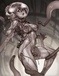  1girl :o bangs bodysuit breasts commentary covered_navel feet_out_of_frame greyscale hair_between_eyes houtengeki impossible_bodysuit impossible_clothes medium_breasts monochrome original restrained skin_tight solo spacesuit symbol_commentary tentacles wrist_grab 