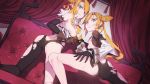  2girls ahoge breasts charles_darwin couch eiyuu_senki eiyuu_senki_ww gloves large_breasts looking_at_viewer multiple_girls nike_(smaaaash) orange_hair skin_tight small_breasts take_your_pick thick_thighs thighs torn_clothes 