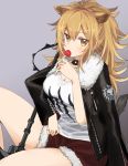  1girl animal_ears arknights bangs black_choker black_jacket blush breasts brown_eyes brown_hair candy choker cleavage commentary_request exion_(neon) eyebrows_visible_through_hair food fur-trimmed_jacket fur-trimmed_shorts fur_trim grey_background hair_between_eyes hand_up highres holding holding_food jacket large_breasts lion_ears lollipop long_hair long_sleeves looking_at_viewer partial_commentary red_shorts shirt short_shorts shorts siege_(arknights) simple_background sitting solo thighs white_shirt 