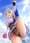  1girl 3104_(3104milkshake) :d armpit_cutout armpits ass ass_visible_through_thighs azur_lane bangs black_leotard blue_legwear blue_sky blush bow breasts cameltoe casablanca_(azur_lane) casablanca_(cheer_squad_on_break)_(azur_lane) cheerleader cleavage cloud commentary_request covered_navel cowboy_shot crop_top day eyebrows_visible_through_hair flexible from_below hair_between_eyes hair_bow highres holding_pom_poms large_breasts leg_up leotard leotard_under_clothes long_hair long_sleeves looking_away midriff miniskirt open_mouth outdoors pleated_skirt pom_poms purple_eyes ribbed_legwear sidelocks silver_hair skirt sky smile solo split standing standing_on_one_leg standing_split sunlight sweat taut_clothes thighhighs thighs two-tone_skirt upper_teeth white_skirt 