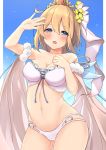  1girl arm_up ass_visible_through_thighs bangs bare_arms bare_shoulders bikini blonde_hair blue_eyes blush breasts cameltoe chaostein cleavage collarbone commentary_request europa_(granblue_fantasy) eyebrows_visible_through_hair flower granblue_fantasy groin hair_between_eyes hair_flower hair_ornament hand_up long_hair looking_at_viewer medium_breasts navel open_mouth solo swimsuit tiara very_long_hair white_bikini yellow_flower 