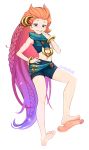  1boy 1girl absurdres blush feet footjob freckles gold highres league_of_legends long_hair looking_at_viewer penis purple_eyes rezodwel scarf shorts smug soles thighs toes uncensored very_long_hair zoe_(league_of_legends) 