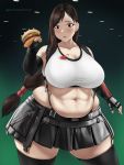  abs belly blush breasts brown_hair earrings fat final_fantasy final_fantasy_vii food gloves hamburger highres holding holding_food jewelry large_breasts long_hair looking_down midriff navel plump skirt spilling suspenders tank_top thighhighs tifa_lockhart toroboro 