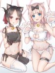  2girls :d absurdres animal_ear_fluff animal_ears bangs bell bell_collar between_legs black_bow black_bra black_gloves black_hair black_panties black_ribbon blue_eyes blunt_bangs bow bra breasts cat_ears cat_lingerie cinderella_bust cleavage cleavage_cutout collar collarbone eyebrows_visible_through_hair frilled_bra frills fujiwara_chika gloves groin hair_bow hand_between_legs heart_cutout highres kaguya-sama_wa_kokurasetai_~tensai-tachi_no_renai_zunousen~ kneeling large_breasts long_hair looking_at_viewer meme_attire multiple_girls navel open_mouth panties parted_bangs paw_gloves paws pink_hair poe_(528yuzunon) red_eyes ribbon shinomiya_kaguya shiny shiny_hair short_hair side-tie_panties simple_background single_garter smile straight_hair thighhighs tied_hair underwear underwear_only very_long_hair white_background white_bra white_gloves white_legwear white_panties white_ribbon 