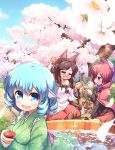  3girls :d =_= animal_ear_fluff animal_ears arms_up black_shirt blanket blue_eyes blue_hair blue_sky blush boned_meat brooch brown_hair bucket cape cherry_blossoms closed_eyes cloud commentary_request cup day dress drill_hair drunk fang floral_print food grass grass_root_youkai_network green_kimono hair_ribbon hanami head_fins highres holding holding_cup holding_food imaizumi_kagerou in_bucket in_container in_water isu_(is88) japanese_clothes jewelry kappamaki kimono layered_dress long_hair looking_at_another looking_at_viewer makizushi meat mermaid monster_girl multiple_girls obentou obi on_ground open_mouth outdoors partially_submerged petals petals_on_liquid pouring red_cape red_hair red_skirt ribbon sakazuki sash sekibanki shawl shirt short_hair sitting skirt sky smile sushi tail tokkuri touhou tree wakasagihime wariza wolf_ears wolf_tail yokozuwari 