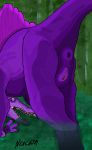  absurd_res amethyst_the_spino anus claws dinosaur female feral genitals hi_res looking_at_viewer noice789 nude open_mouth puffy_anus purple_eyes pussy reptile scalie simple_background solo spinosaurid spinosaurus swamp theropod tongue tree 