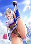  1girl 3104_(3104milkshake) :d armpit_cutout armpits ass ass_visible_through_thighs azur_lane bangs black_leotard blue_legwear blue_sky blush bow breasts cameltoe casablanca_(azur_lane) casablanca_(cheer_squad_on_break)_(azur_lane) cheerleader cleavage cloud commentary_request covered_navel cowboy_shot crop_top day eyebrows_visible_through_hair flexible from_below hair_between_eyes hair_bow highres holding_pom_poms large_breasts leg_up leotard leotard_under_clothes long_hair long_sleeves looking_away midriff miniskirt open_mouth outdoors partially_visible_vulva pleated_skirt pom_poms purple_eyes ribbed_legwear sidelocks silver_hair skirt sky smile solo split standing standing_on_one_leg standing_split sunlight sweat taut_clothes thighhighs thighs two-tone_skirt upper_teeth wedgie white_skirt 