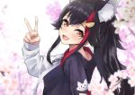  1girl :d animal_ear_fluff animal_ears animal_print black_hair blurry depth_of_field flower highres hololive hood hood_down hoodie konkito long_hair multicolored_hair ookami_mio open_mouth orange_eyes red_hair smile streaked_hair tree_branch v virtual_youtuber wolf_ears wolf_girl 