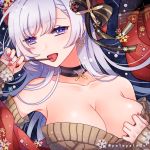  1girl aran_sweater azur_lane belfast_(azur_lane) belfast_(shopping_with_the_head_maid)_(azur_lane) beret blush breasts brown_sweater choker cleavage earrings eyebrows_visible_through_hair food hair_between_eyes hat holding holding_food holding_pocky hoop_earrings huge_breasts jewelry long_hair looking_at_viewer off-shoulder_sweater off_shoulder pocky red_headwear shawl silver_hair smile snowflakes solo sweater tongue tongue_out zozakura 