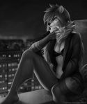  2020 5_fingers anthro black_nose breasts canid canine clothed clothing detailed_background digital_media_(artwork) elvofirida eyebrows eyelashes female fingers fur hair hi_res mammal monochrome night outside solo text url 