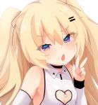  1girl azur_lane bache_(azur_lane) bache_(showy_sports_star)_(azur_lane) bangs blonde_hair blush breasts collared_dress detached_sleeves dress eyebrows_visible_through_hair fang hair_between_eyes hair_ornament hairclip hana_(tmtmrgrgtrg) hand_up heart_cutout jewelry long_hair long_sleeves looking_at_viewer open_mouth purple_eyes ring simple_background sleeveless sleeveless_dress small_breasts solo two_side_up upper_body v white_background white_dress white_sleeves 
