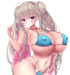  1girl aqua_bikini arm_up azur_lane bangs bikini blue_bikini blush braid braided_bun breasts choker cleavage closed_mouth covered_nipples double_bun eyebrows_visible_through_hair formidable_(azur_lane) formidable_(the_lady_of_the_beach)_(azur_lane) highres huge_breasts large_breasts long_hair looking_at_viewer multi-strapped_bikini navel red_eyes sidelocks simple_background solo swimsuit very_long_hair white_background yuuki_shuri 