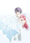  1boy 1girl blush bridal_veil bride carrying commentary_request couple eyebrows_visible_through_hair formal green_eyes groom hata_kenjirou hetero highres long_hair looking_at_viewer necktie official_art open_mouth pink_hair princess_carry purple_hair red_eyes simple_background smile suit tonikaku_kawaii veil white_background yuzaki_nasa yuzaki_tsukasa 