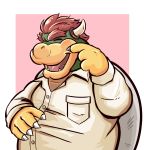  absurd_res anonymous_artist anthro blush bodily_fluids bowser clothed clothing crying dress_shirt fully_clothed grin hair hi_res horn koopa male mario_bros nintendo reptile scalie shirt smile solo tears tears_of_joy teeth topwear video_games 