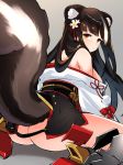  1girl animal_ear_fluff animal_ears ass azur_lane bare_shoulders bell black_hair blush boots brown_eyes flower gradient gradient_background hair_flower hair_ornament japanese_clothes kimono long_hair long_tail looking_at_viewer looking_back multicolored_hair naganami_(azur_lane) no_panties off_shoulder pom_pom_(clothes) sash sitting skunk_ears skunk_tail solo tail white_hair white_kimono youhei_64d 