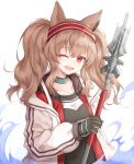  1girl ;d angelina_(arknights) animal_ears arknights aura bangs black_choker black_gloves black_shirt blush brown_hair choker commentary eyebrows_visible_through_hair fox_ears gloves hair_between_eyes hairband holding holding_staff jacket long_hair long_sleeves looking_at_viewer one_eye_closed open_clothes open_jacket open_mouth pong_(vndn124) red_eyes red_hairband shirt simple_background smile solo staff twintails upper_body white_background white_jacket 