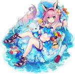  1girl :d animal_ears aqua_eyes arm_up armpits azur_lane bare_shoulders basket bikini bird blue_bow bow bracelet cherry_blossoms chick deal_with_it food fox_ears fox_girl fox_tail fruit grapes hair_ornament hairband halter_top halterneck hanazuki_(azur_lane) hanazuki_(morning_moon_beachside_flower)_(azur_lane) highleg highleg_bikini highres holding jewelry long_hair looking_at_viewer manjuu_(azur_lane) multi-strapped_bikini nail_polish navel official_art open_mouth pink_hair popsicle red_nails sandals shirokitsune smile solo stomach stuffed_animal stuffed_toy sunglasses swimsuit tail thighs toenails torpedo transparent_background water white_bikini 