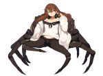  1girl arachne bare_shoulders blush breasts brown_hair carapace cleavage commentary_request expressionless extra_legs eyewear_on_head full_body glasses hair_between_eyes hand_up headphones insect_girl lansane long_hair long_sleeves looking_to_the_side monster_girl off_shoulder orange_eyes original simple_background solo spider_girl white_background wide_sleeves 