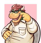  absurd_res anonymous_artist anthro blush bodily_fluids bowser clothed clothing crying dress_shirt eyewear fully_clothed glasses grin hair hi_res horn koopa male mario_bros nintendo reptile scalie shirt smile solo tears tears_of_joy teeth topwear video_games 