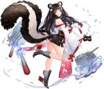  1girl animal_ear_fluff animal_ears ass azur_lane bare_shoulders black_hair black_skirt boots breasts brown_eyes floating_hair flower from_behind full_body grey_footwear hair_flower hair_ornament high_heels highres japanese_clothes kimono large_breasts leg_up legs long_hair long_sleeves long_tail looking_back miniskirt multicolored_hair naganami_(azur_lane) no_panties off_shoulder official_art open_mouth sideboob skirt skunk_ears skunk_tail smile solo standing standing_on_one_leg streaked_hair suisai tail thighs torpedo transparent_background two-tone_hair white_hair wide_sleeves 