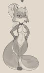  2016 anthro breasts canid canine female fox genitals hands_on_hips mammal monochrome navel pussy rawenski simple_background solo 