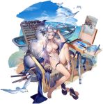  1girl antenna_hair azur_lane bare_shoulders barefoot beach bikini black_choker boat braid breasts bucket canvas_(object) chair choker collarbone criss-cross_halter eyewear_on_head footwear_removed fox_mask fox_tail halterneck highleg highleg_bikini highres knee_up large_breasts liduke long_hair looking_at_viewer mask mask_on_head navel official_art paint sand sandals silver_hair sitting skindentation solo stomach string_bikini sunglasses swimsuit tail thigh_strap thighs tosa_(azur_lane) tosa_(hometown_zest)_(azur_lane) transparent_background turret two-tone_bikini very_long_hair watercraft 