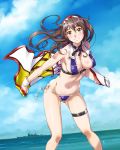  1girl ashigara_(kantai_collection) ass_visible_through_thighs bikini blush breasts brown_eyes brown_hair closed_mouth cloud commentary_request covered_nipples day dutch_angle eyebrows_visible_through_hair hair_between_eyes hairband head_tilt kantai_collection large_breasts long_hair looking_at_viewer navel outdoors purple_bikini sameha_ikuya ship sky smile solo standing swimsuit thigh_strap watercraft 