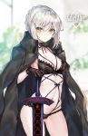  1girl artoria_pendragon_(all) bangs black_bra black_coat black_gloves black_panties blush bra breasts character_name cleavage closed_mouth coat dark_excalibur ero_waifu fate/stay_night fate_(series) gloves jacket_on_shoulders lace lace-trimmed_bra lace-trimmed_panties long_hair looking_at_viewer medium_breasts navel pale_skin panties saber_alter sidelocks silver_hair solo sword thighs underwear weapon yellow_eyes 