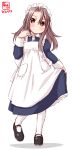  1girl alternate_costume alternate_hairstyle apron artist_logo black_footwear blue_dress brown_eyes brown_hair commentary_request dated dress dress_lift enmaided forehead frilled_apron frills full_body hair_down highres kanon_(kurogane_knights) kantai_collection long_hair looking_at_viewer maid maid_headdress mary_janes shoes simple_background smile solo standing white_apron white_background white_legwear zuihou_(kantai_collection) 
