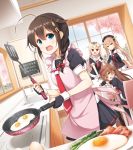  4girls ahoge asymmetrical_clothes bacon black_hair black_ribbon black_serafuku black_skirt blonde_hair blue_eyes braid breakfast breasts brown_eyes brown_hair egg food fried_egg gradient_hair hair_flaps hair_ornament hair_over_shoulder hair_ribbon hairband hairclip heterochromia kantai_collection kitchen light_brown_hair long_hair messy_hair morning multicolored_hair multiple_girls murasame_(kantai_collection) necktie orange_eyes orange_hairband plate pleated_skirt red_eyes red_hairband remodel_(kantai_collection) ribbon scarf school_uniform serafuku shigure_(kantai_collection) shiratsuyu_(kantai_collection) short_hair single_braid skirt straight_hair sunny_side_up_egg table twintails two_side_up white_scarf yume_no_owari yuudachi_(kantai_collection) 