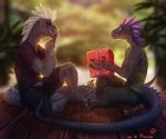  2020 anthro blurred_background clothed clothing day detailed_background digital_media_(artwork) dinosaur duo fossa666 male outside reptile scalie sitting 