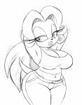  anthro big_breasts bottomwear breasts breezie_the_hedgehog cleavage clothed clothing curvy_figure ear_piercing ear_ring eulipotyphlan female hair hands_behind_head hedgehog hi_res hourglass_figure jeans lips mammal midriff monochrome navel omegasunburst pants piercing ponytail shirt solo sonic_the_hedgehog_(series) stretching tank_top thick_lips topwear tying_hair wide_hips 