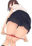  1girl brown_hair check_copyright from_below kneepits looking_back mamedenkyuu_(berun) miniskirt original panties panty_pull pleated_skirt red_panties shirt simple_background skirt solo translucent_shirt underwear white_shirt 