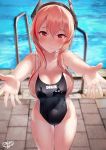  bare_shoulders black_swimsuit blush breasts cleavage collarbone competition_swimsuit covered_navel girls_frontline highres large_breasts long_hair looking_at_viewer m4_sopmod_ii_(girls_frontline) multicolored_hair one-piece_swimsuit pink_eyes pink_hair poolside shirosaba smile solo streaked_hair swimsuit 