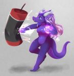  action_pose angry anthro aurora_stellaris blue_eyes breasts dragon female hair hi_res horn long_hair magic morryaart multi_horn pose punch punching_bag purple_body purple_hair purple_scales scales scalie solo 
