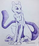  2018 2_toes ambiguous_gender cross-hatching felid feline feral full-length_portrait hatching_(art) hi_res keenadraws legendary_pok&eacute;mon looking_aside mammal mewtwo monochrome nintendo pawpads pok&eacute;mon pok&eacute;mon_(species) portrait purple_eyes purple_tail simple_background sitting solo toes traditional_media_(artwork) video_games white_background 