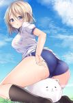  1girl :o angora_rabbit aoyama_blue_mountain ass bangs black_legwear blonde_hair bloomers bloomers_pull blue_bloomers blue_sky blush_stickers breasts bunny cloud commentary_request crotch_seam day gochuumon_wa_usagi_desu_ka? grass green_panties highres kurou_(quadruple_zero) long_bangs looking_at_viewer medium_breasts medium_hair open_mouth outdoors panties panty_peek purple_eyes shirt short_sleeves sky straddling sweat thighs tippy_(gochiusa) underwear white_shirt 